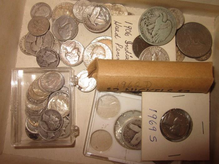 Silver coins, roll of 1962D nickels, 1969S nickel and more.