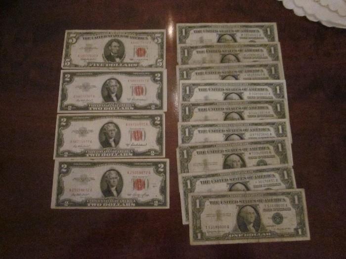 Some currency available.  9 1957 silver certificates ($1).  3 $2 bills from 1953.  One $5 from 1963.