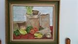Another vintage, artist signed still life, on canvas - love the 1960's avocado green frame.