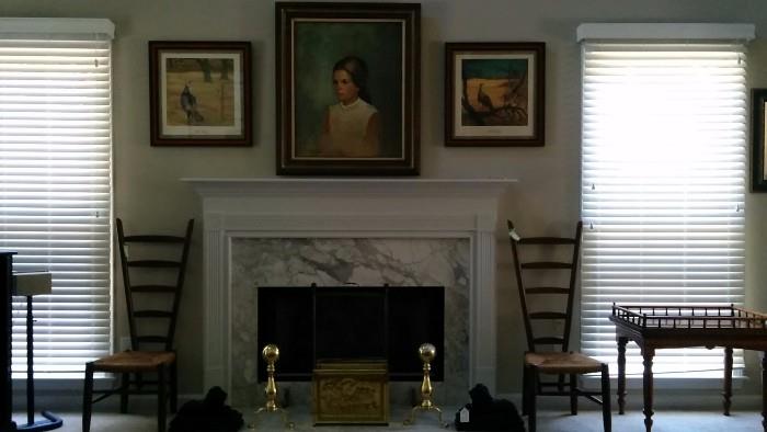 Lovely oil portrait of the owner's wife, signed by Virginia Walters, flanked by a fetching pair of Wild Turkey prints, by Ken Davies - 'tis the season, sort of. The marble fireplace is flanked by a vintage pair of wooden/rattan vintner's chairs, from Italy.