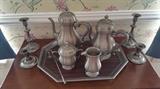 Vintage Pewter Coffee and Tea Service, candlesticks, snuffer  and tray