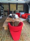 Eric Werner Ash / Walnut Table with Benches and red little albert chair by Ron arad