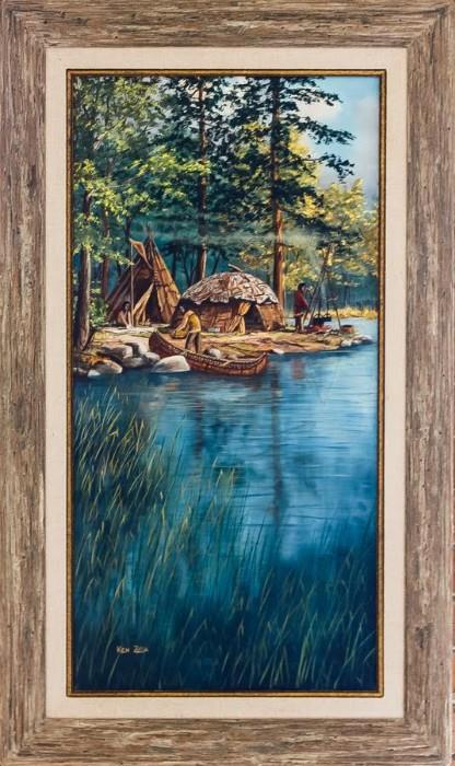 Original Oil, by Minnesota Artist Ken Zylla,        “Riverside Camp” - 28" x 37”