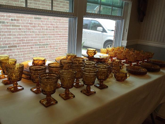 Beautiful Amber Indiana Glass Kings Crown Luncheon Plates, Cups, Goblets and Sherbet Cups.