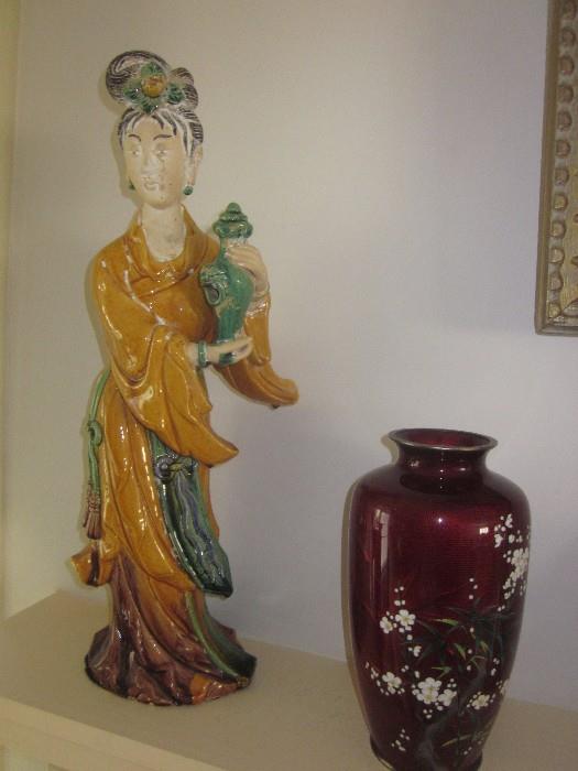Asian statue, Asian vases,  matching pairs