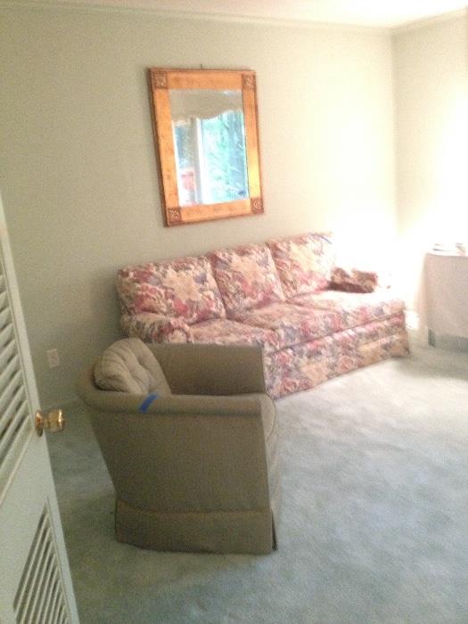 Temple, Inc. three-custhion, floral upholstered sofa, Henredon club chair