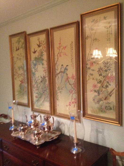 Four framed Chinese panels of birds and flowers 