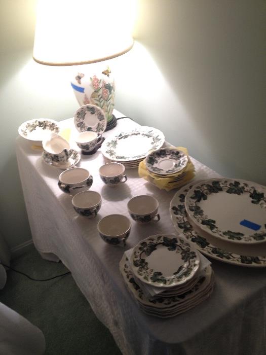 Johnson Bros. Vintage pattern dinnerware, plates, plattrs, gravy, salad/dessert, cups and saucers and more