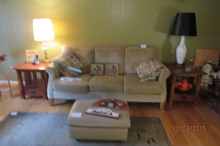 Couch, 2 End Tables, Leather Footstool, 6x9 Rug