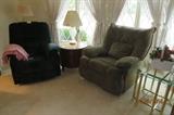Recliners, Glass & Brass End Table, Wood Round End table