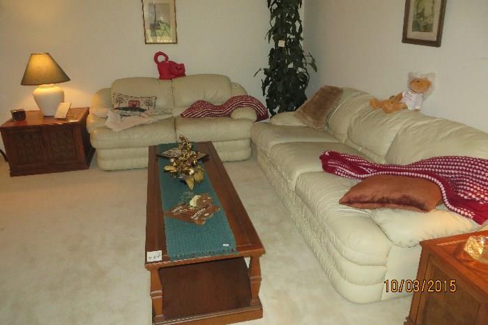 Leather Sofa and Love Seat, Pair End Tables, Coffee Table