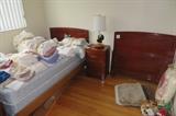 Pair of Mahogany Twin Beds with 1 Mattress, Linens, End Table