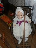 Antique Doll (tin eyes)    Antique Child's Pull Cart   Vintage Toy Truck