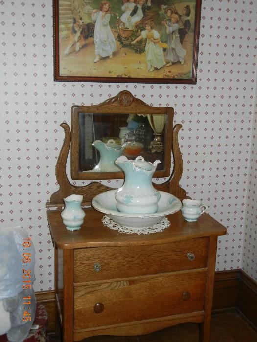 Antique Washstand W/ Mirror  Antique Wash bowl & Picture