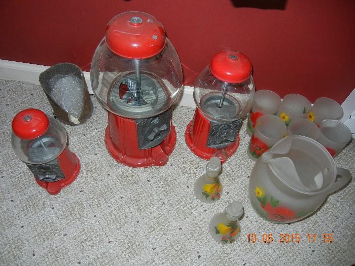 Gumball machines  Painted Pitcher Glasses and Cruet Set Antique