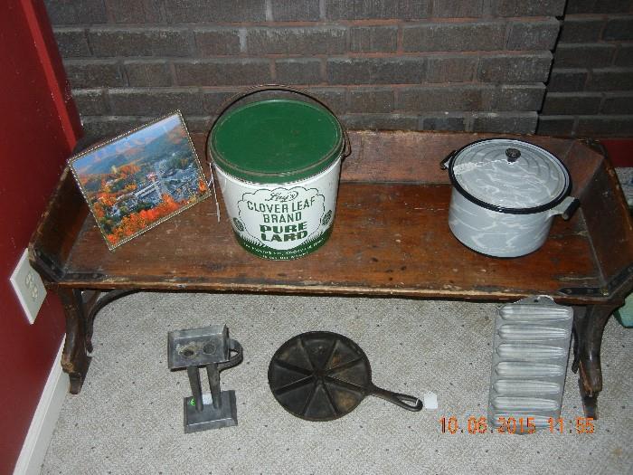 Antique Buggy Bench  Antique Candle Mold   Antique Cast Iron corn Bread Pan   Antique Granite  Pan  Antique Corn Pan   Antique Lard Tin 