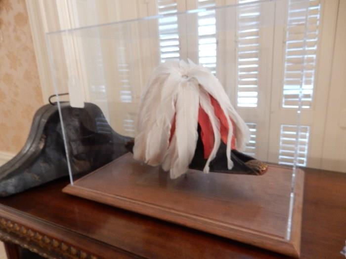 European Military Hat in Display Case Along With Tin Carry Case