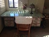 Hand decorated floral craft desk with glass top