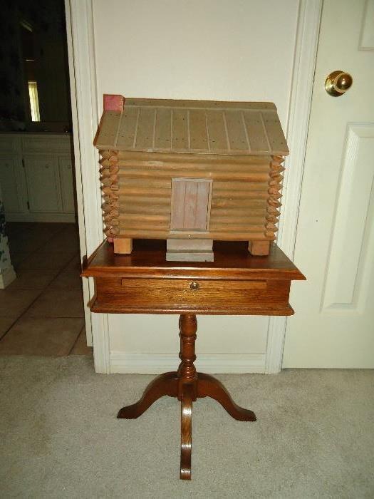 Small antique table, hand made log cabin