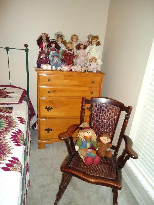 Maple chest, doll collection, antique rocker 