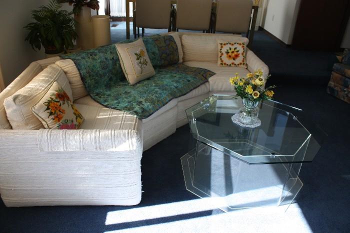 Lovely Haitian Cotton Sectional with Lucite and Glass Coffee Table.   