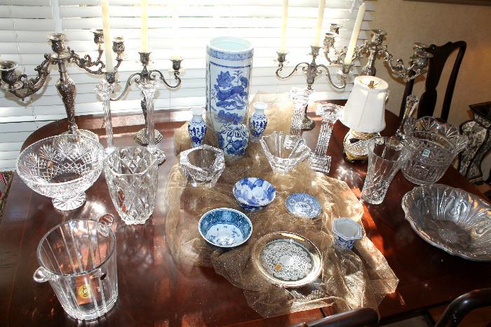 Crystal, blue / white ceramics, and silverplate candelabras