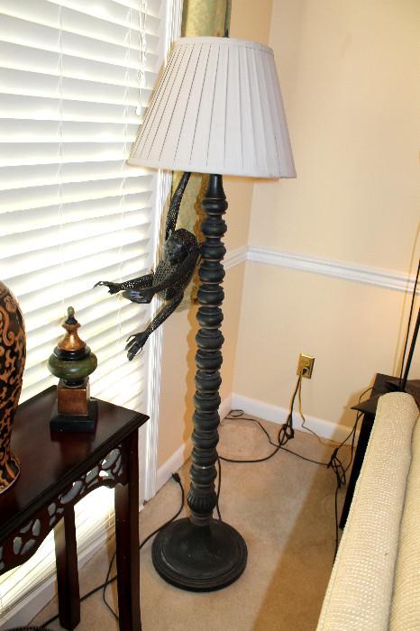 Floor lamp (2 of these) and monkey sculpture