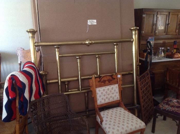 Full size brass antique bed; individual oak chairs, rocking chair