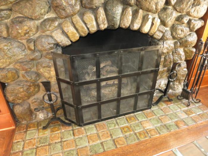 Iron Fireplace Screen, Tools and Andirons
