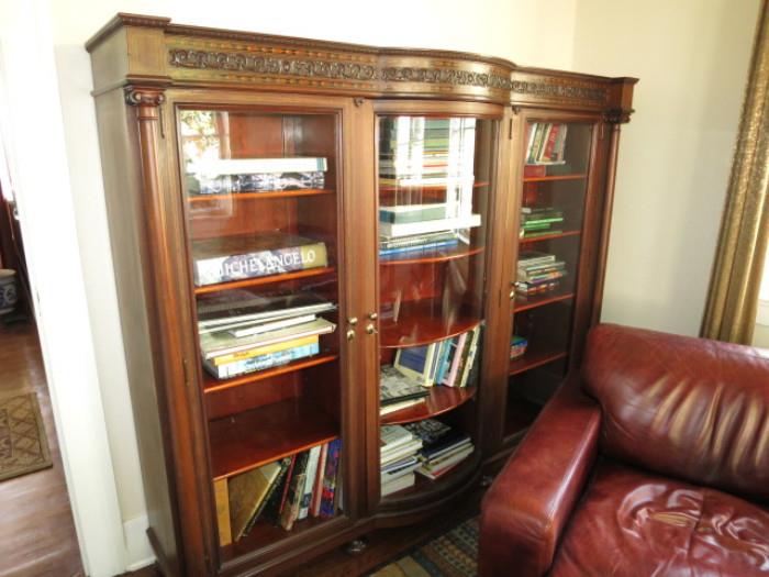 Antique Inlaid Library w/ Curved Glass Cabinet