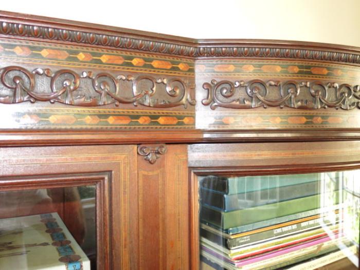 Detail of Antique Inlaid Library w/ Curved Glass Cabinet