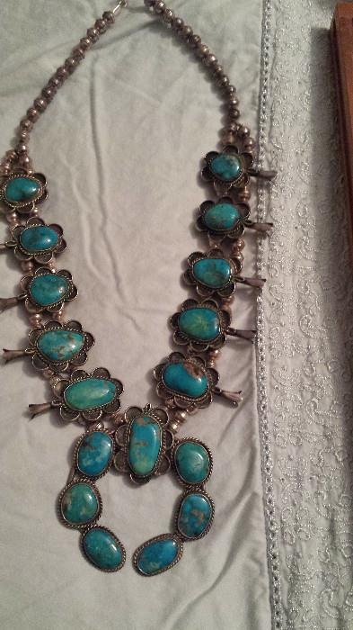Beautiful Squash Blossom necklace with matched turquoise. Natural color.