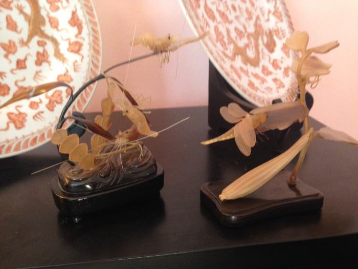Lovely Shrimp and Dragon Fly Chinese horn sculptures - these are truly one of a kind pieces.