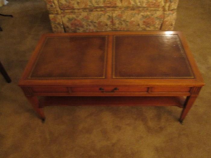 Leather inlay, Coffee Table, 2 matching end tables, all have drawer and shelf, BEAUTIFUL finish