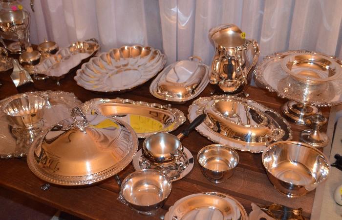 Silver-Plate Trays, Bowls, Pitchers, Coffee Urns, Sugar and Creamer, and Serving Dishes