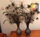 Vintage Brass Enameled Vases with Peacock Feathers