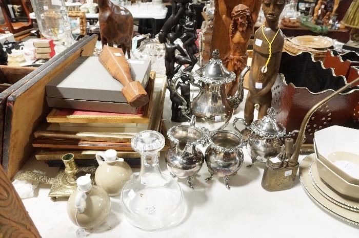 glass decanter, carved animals, carved wood figures, porcelain, silver tea set, frames, dishes, and more