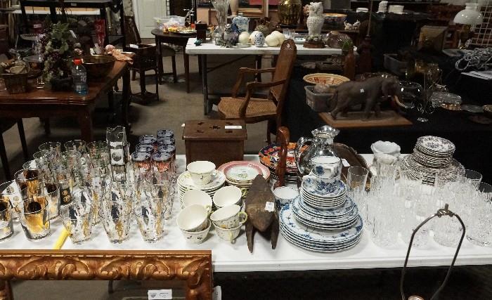 framed mirror, glassware, etched glass, China sets lamps, carved figures and more!