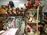 Hallmark plush reindeer and other decor, lace and plaid Christmas Tablecloths and napkins + Placemats