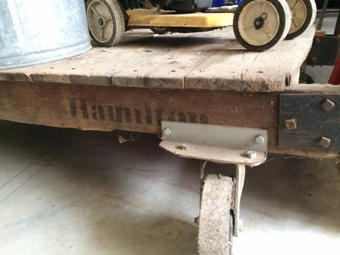 Close up of industrial cart marked "Hamilton"