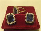 14KT RING W/22 DIAMONDS AND LARGE EMERALD CUT BLUE STONE, PAIR OF EARRINGS 14KT W/22 DIAMONDS EACH AND LARGE EMERALD CUT BLUE STONE----CERTIFIED APPRAISAL,JANUARY 4TH 2011==$1700.00 FOR THE SET,,,,,,,,SELLING ABSOLUTE