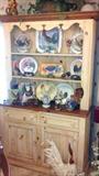 ETHAN ALLEN HUTCH, Fancy pine furniture, and many rooster and chicken collectible plates, platters and figures.