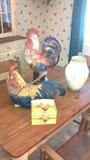 NICE, HIGH END ROOSTER COLLECTIBLES AND POTTERY VASE WITH DRAGONFLYS