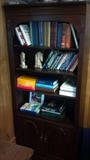 FANY MAHOGANY BOOK CASE, ALSO MANY BOOKS AND A SET OF MARBLE HORSE BOOK ENDS