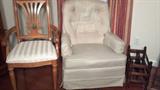 odd arm chair, old, and a swivel rocker, antique mag. rack