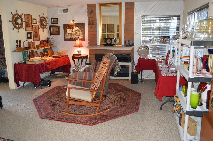 Fireplace room overview, wonderful MCM Rocking Chair, 