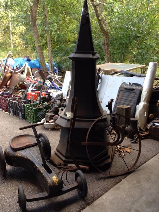 Sheet metal antique cupola , iron plow, and old car parts.  (Irish Mail is SOLD) Great garden accents!              