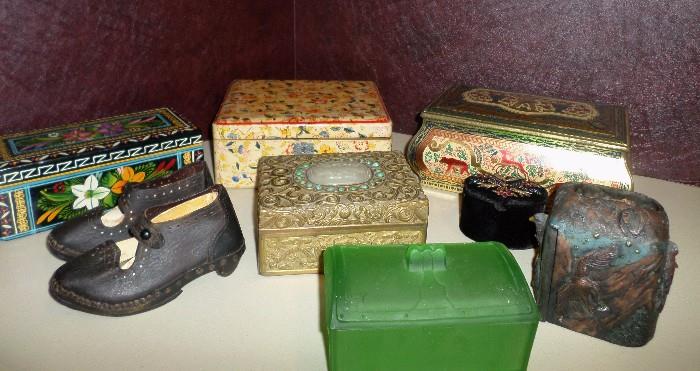 A few of the many, many decorative and antique boxes plus a wonderful pair of antique leather & wood sole child's shoes