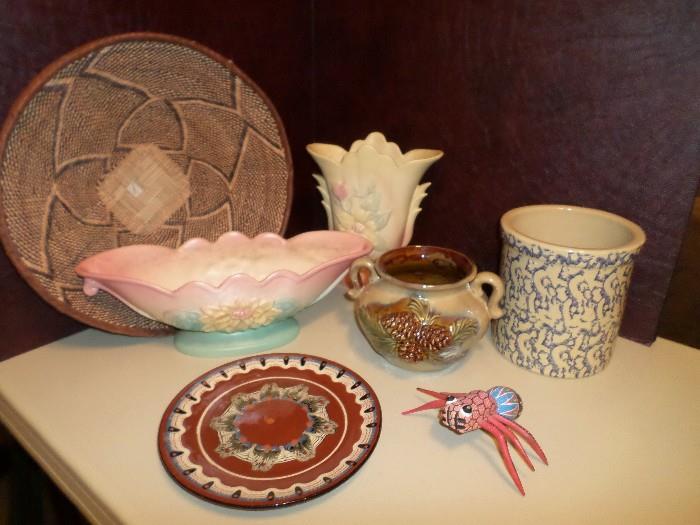 Lots of beautiful vintage pottery and one of the many vintage handmade Native American baskets