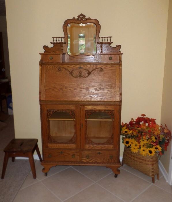 another antique oak secretary & vintage small stool
